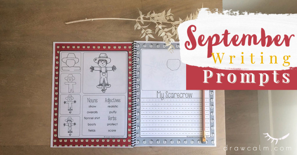 Scarecrow directed drawing prompt with word bank shows a September writing prompts that help young writers.