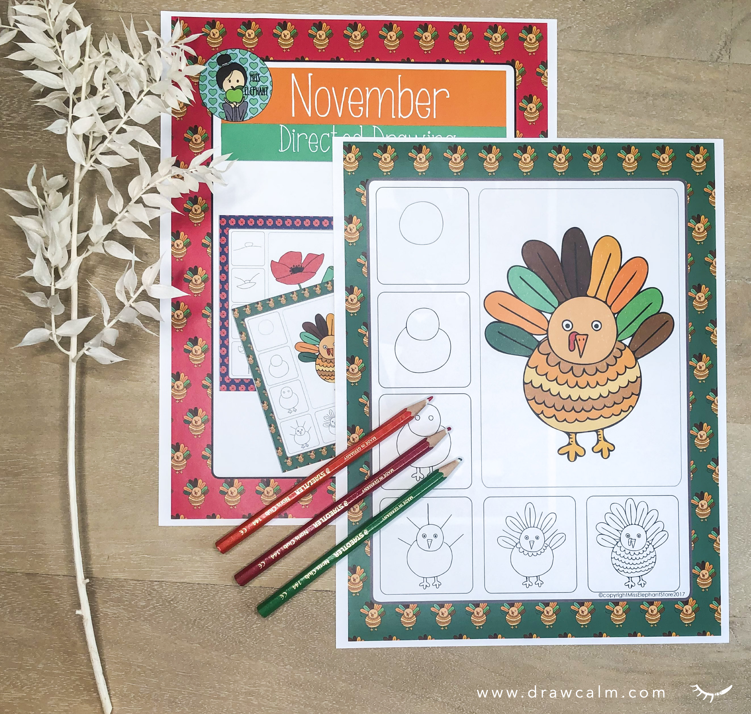 Simple turkey directed draw for kids that comes with a starter shape for students.
