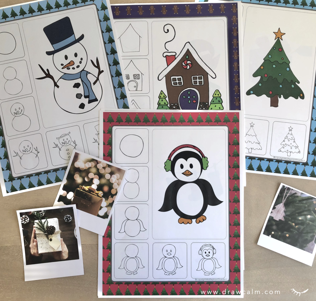 Directed drawings of a penguin, a snowman, a gingerbread house, and a Christmas tree are each paired with writing prompt for Christmas.