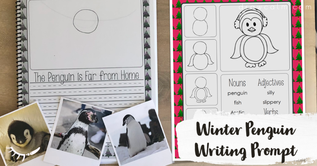 Penguin writing prompt for Christmas with a word bank.
