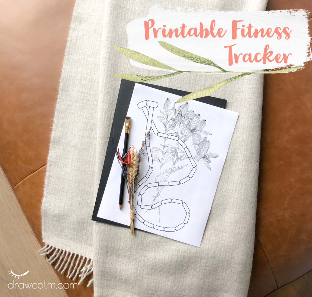 Exercise tracker printable featuring a beaded jump rope and flowers behind. Used to track fitness goals.