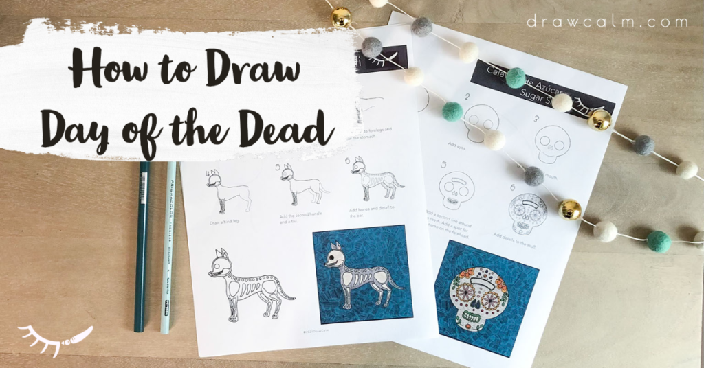 Teacher showing simple instructions on how to draw a sugar skull. Instructions made by draw calm.