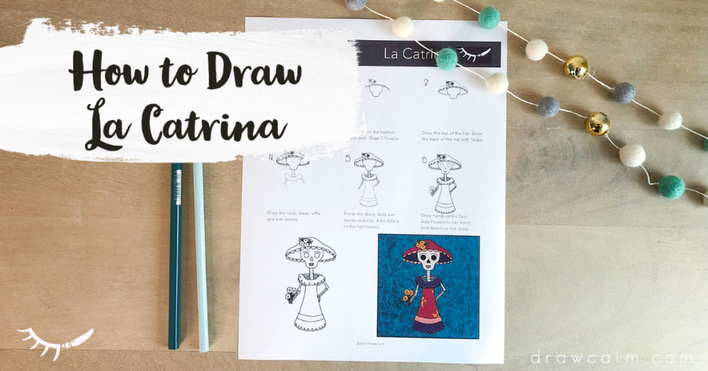 Teacher showing directed drawing instructions on how to draw la Catrina.