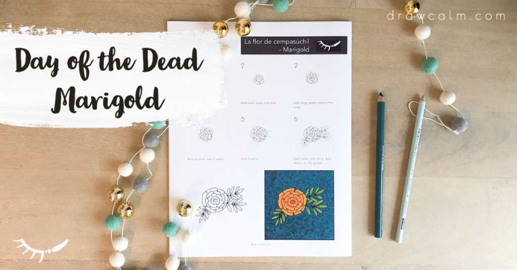 Draw your own images for the day of the dead coloring pages. Teacher shows how to draw a marigold for Dia de los Muertos.