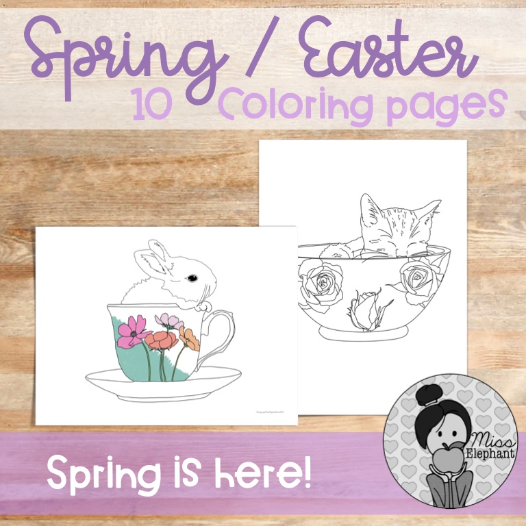 Easter themed coloring pages showing a bunny in a tea cup and a kitten in a bowl Designed by Draw Calm.