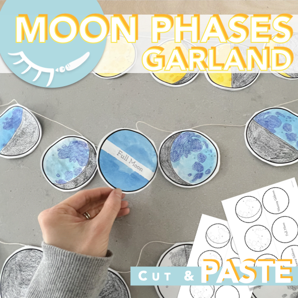 Printable moon phases craft showing 8 lunar phases on a garland. Craft designed by draw calm.