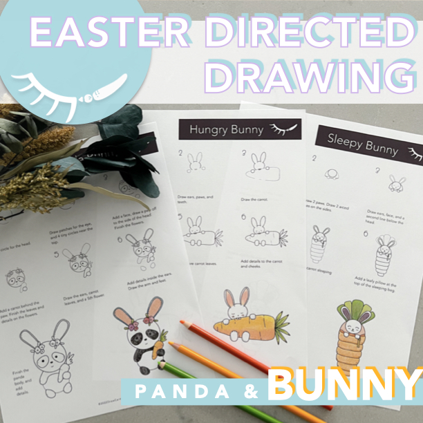 3 directed drawings showing step by step how to draw a bunny and an Easter Panda