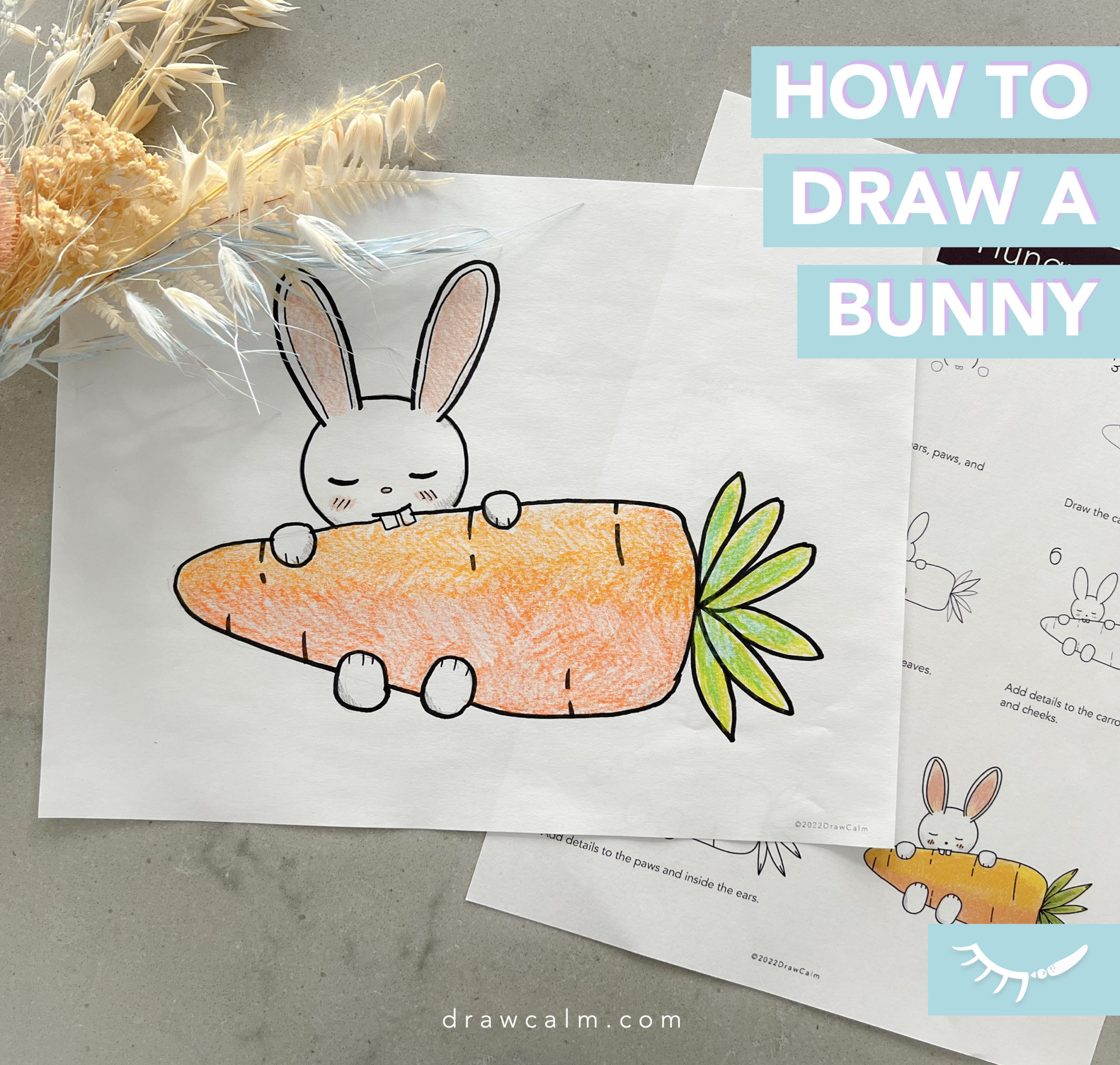 Simple step by step how to draw a bunny. Showing a bunny eating a large carrot.