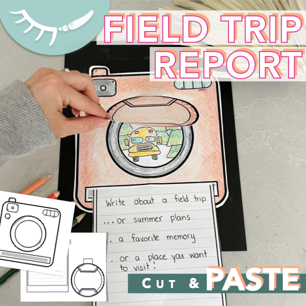 Printable instant camera paper template to be used as a field trip report. The writing slides out the bottom and the lens cap is glued on top.