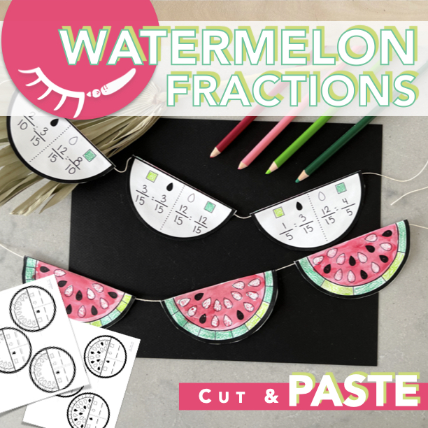 Printable watermelon paper garland used as an equivalent fraction worksheet pdf. Designed by Draw Calm
