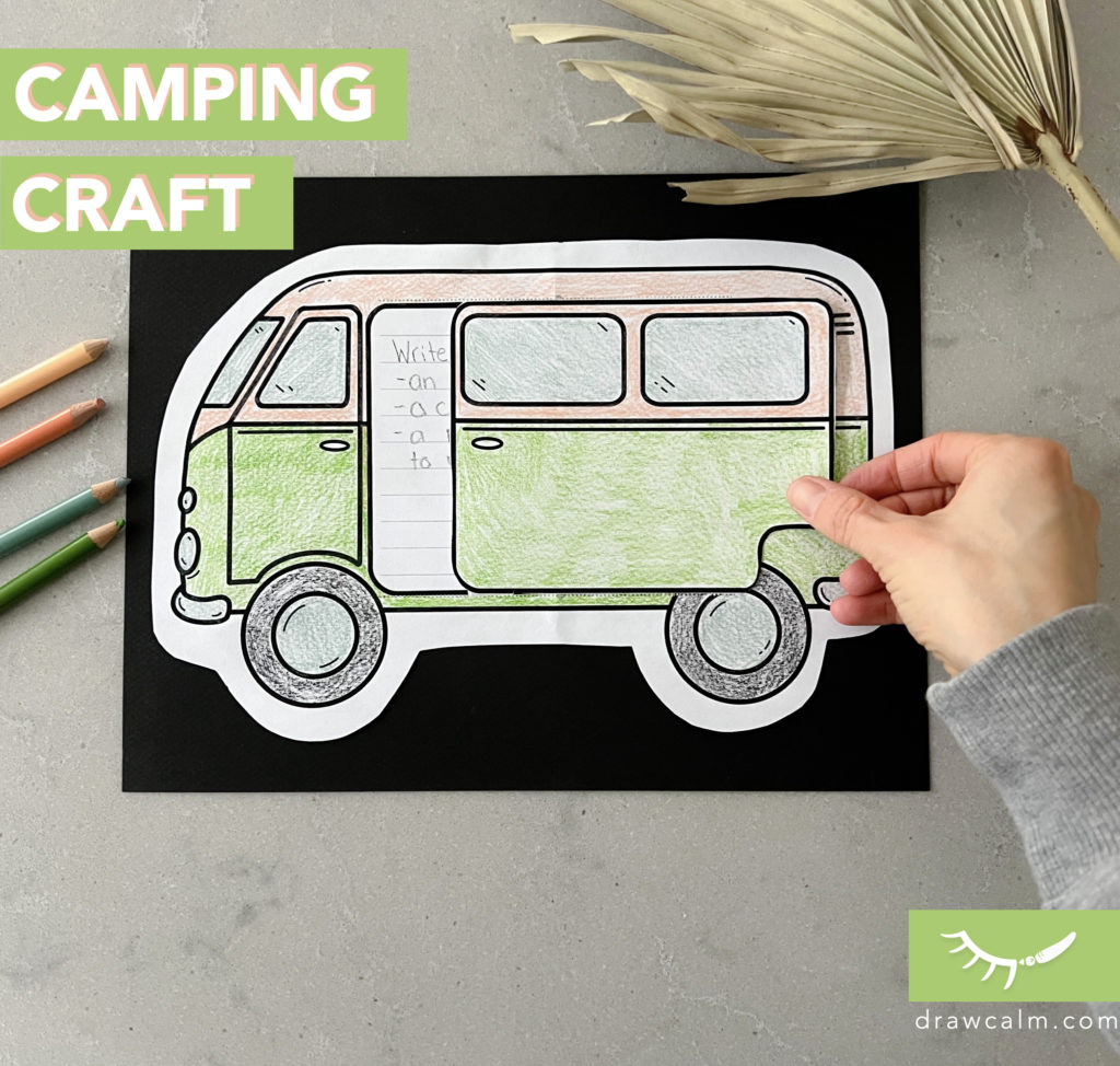 Printable camper van coloring page with a sliding door. Behind the sliding door kids can write a story or draw an image.