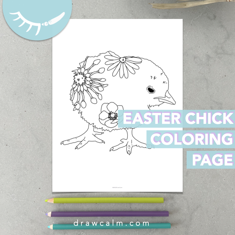 Downloadable pdf coloring page of a chick with flowers on its body.