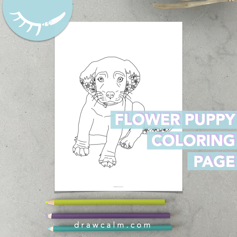 Downloadable pdf coloring page of a lab puppy with flowers drawn on the ears and tail.