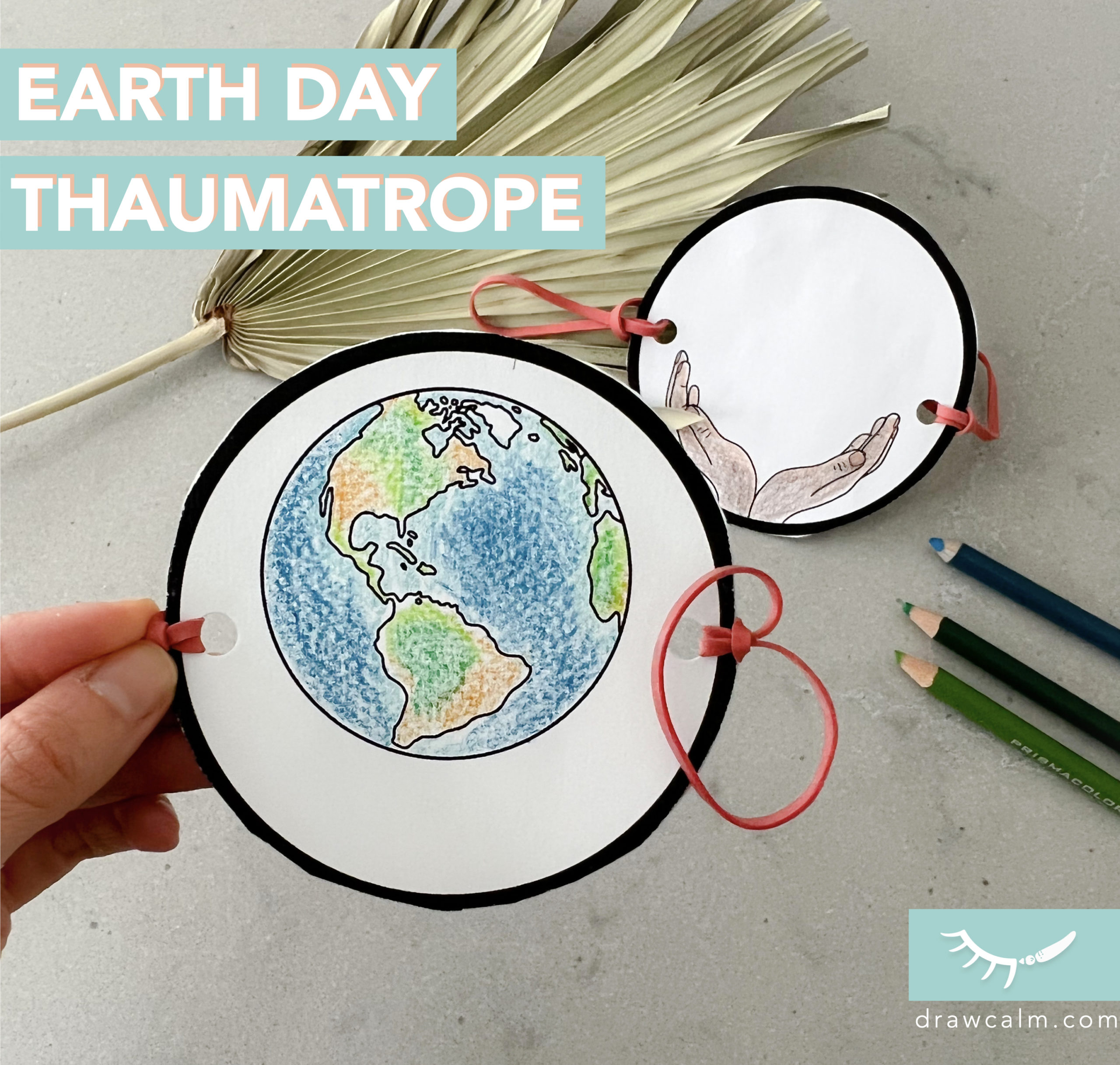 Printable thaumatrope craft showing an earth on one side and hands on the other. When spun it looks like the hands are holding the earth.