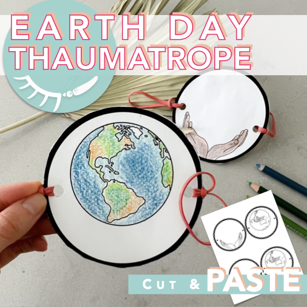 Printable thaumatrope showing the earth on one side and hands on the other.
