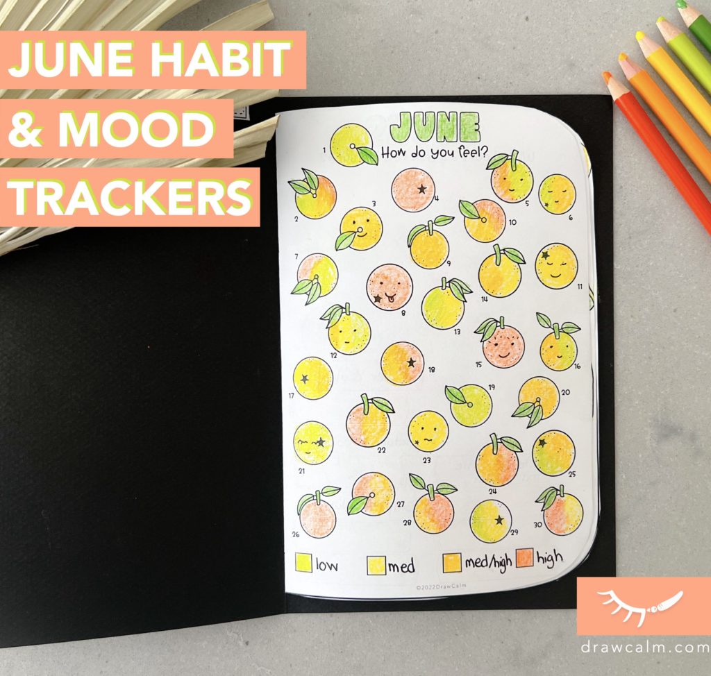 A daily mood tracker printable pdf showing cute oranges to color one per day indicating your mood or energy level.
