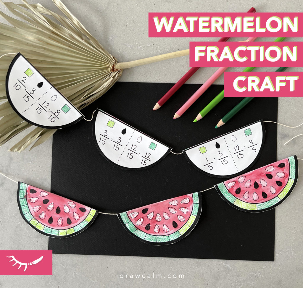 Printable watermelon fraction garland, showing equivalent fractions using the rind and seeds of each watermelon slice.