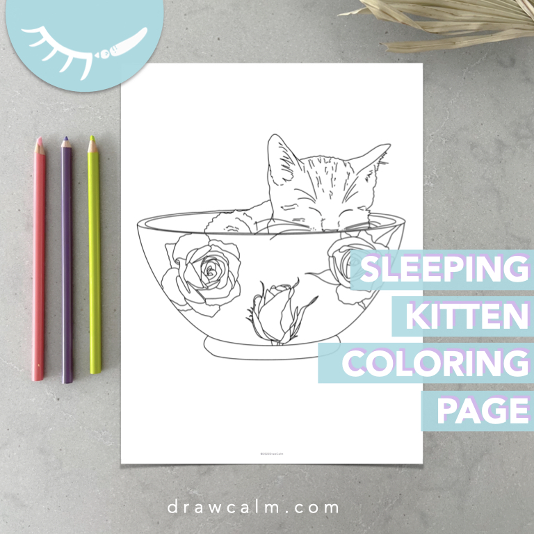 Printable pdf kitten coloring page printable showing a kitten sleeping in a bowl with a rose pattern.