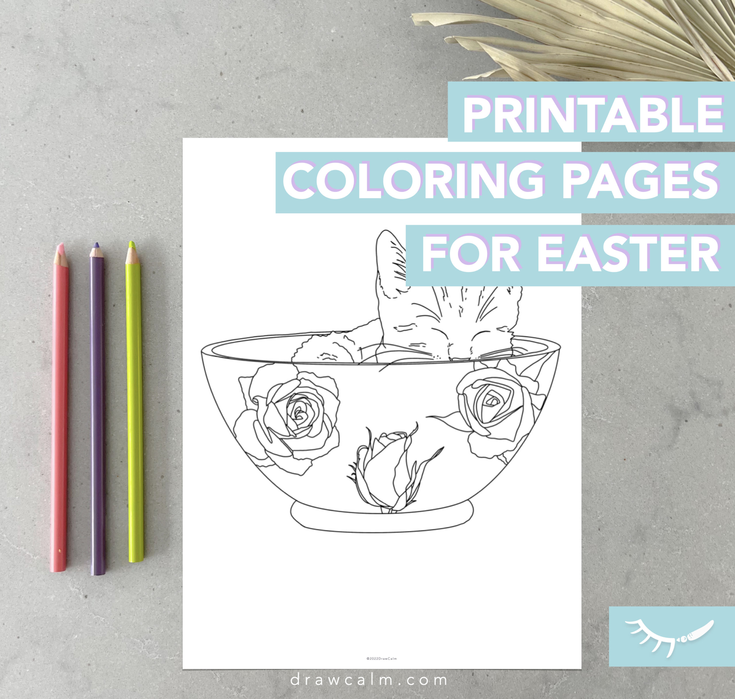 Printable coloring pages for easter. This one shows a kitten sleeping in a bowl with a rose pattern.