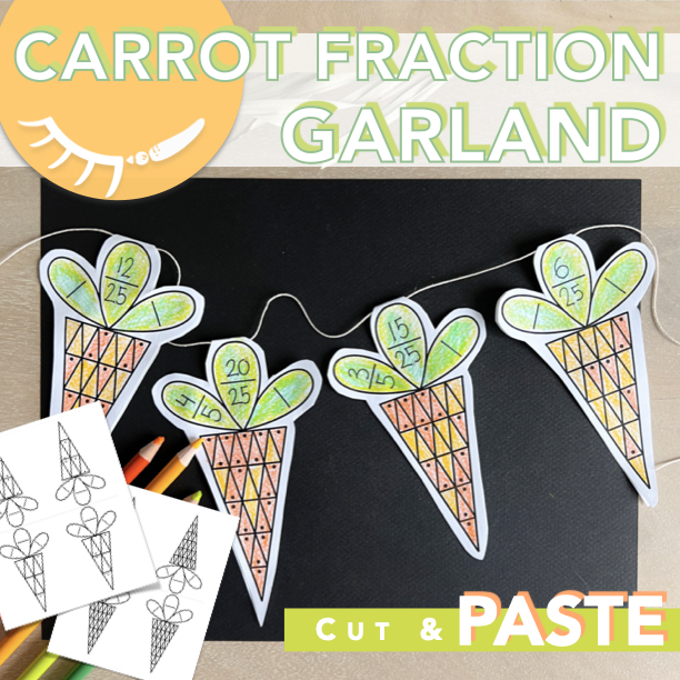 Printable Carrot Garland used as a compare fraction worksheet. Each carrot shows a different fraction and can be colored. The fraction is written on the carrot leaves.