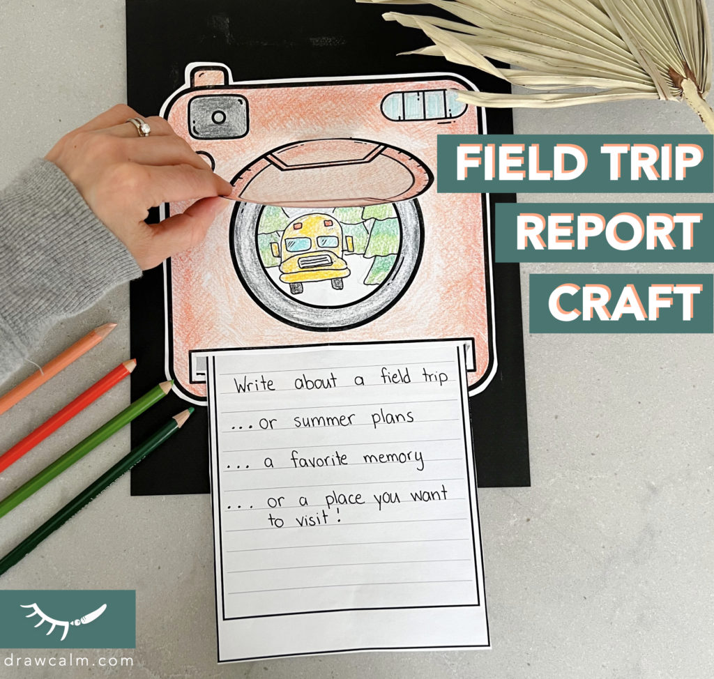 Printable field trip report of an instant camera with text that slides out the bottom. A moveable lens cap is attached on top. Designed by draw calm.
