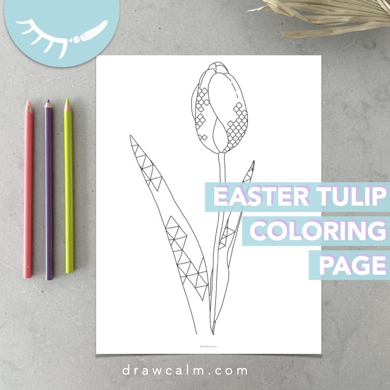 Printable tulip coloring page, with geometric shapes on the flower petals and leaves.