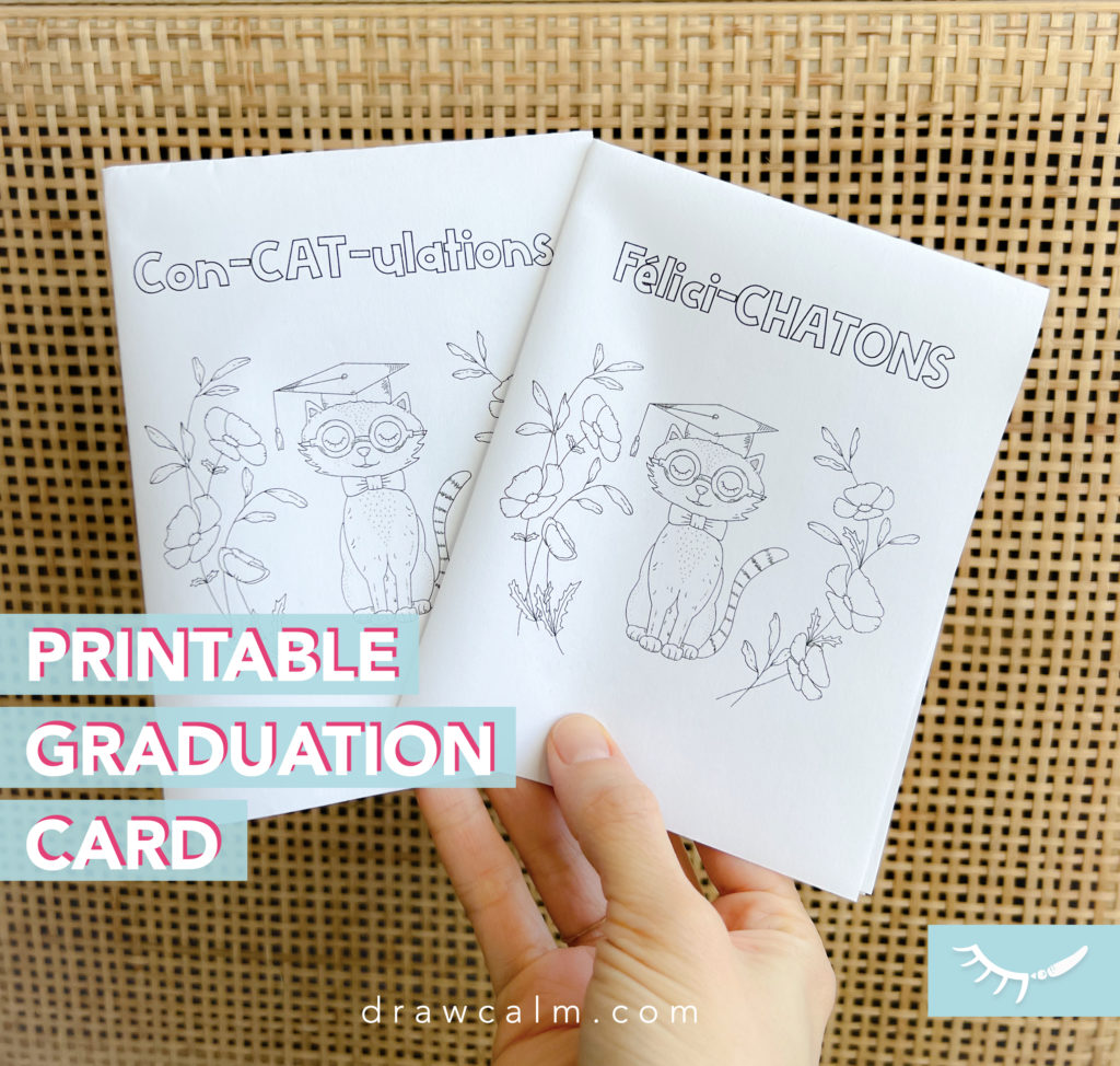 Printable cat coloring page with a cat pun saying con-cat-ulations. The french one says felici-chatons.