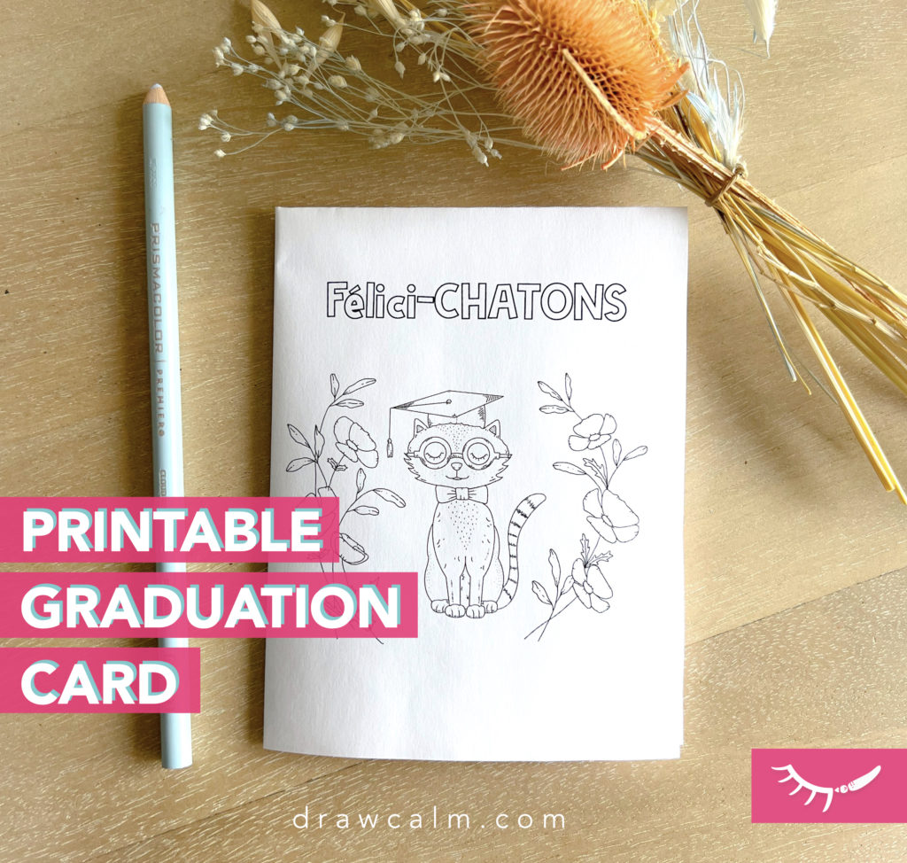 Printable cat coloring page showing a graduation pun in french saying "felici-chatons."