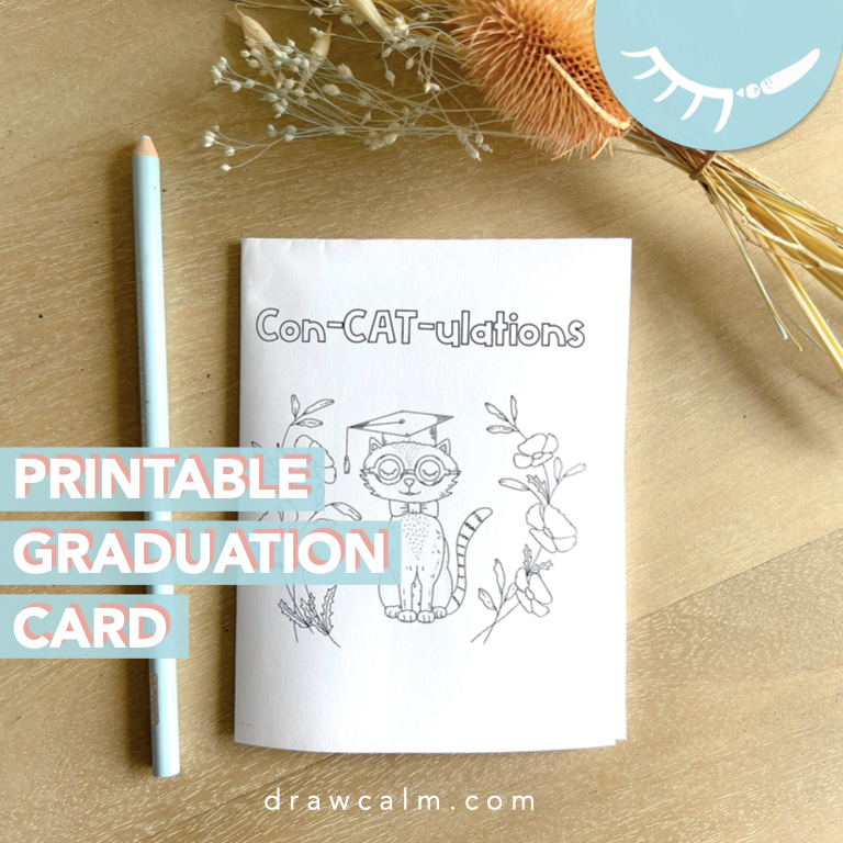 Cute kitten coloring page saying graduation pun "con-cat-ulations." It is folded into a card size.
