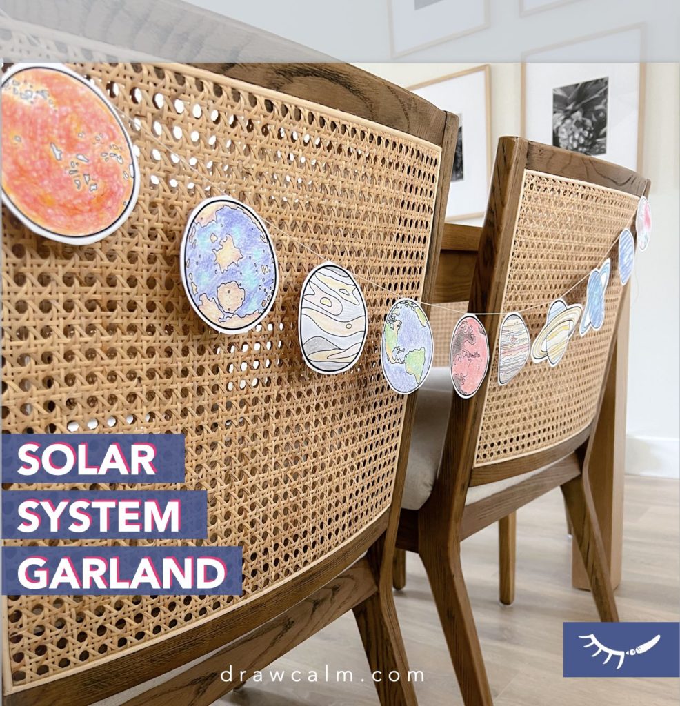 Printable paper garland showing the planets and also the sun. The paper garland can be printed in multiple sizes. 