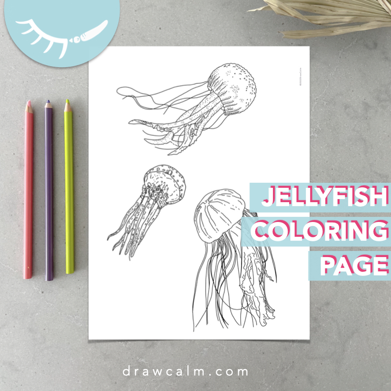 Downloadable coloring page showing 3 jellyfish.