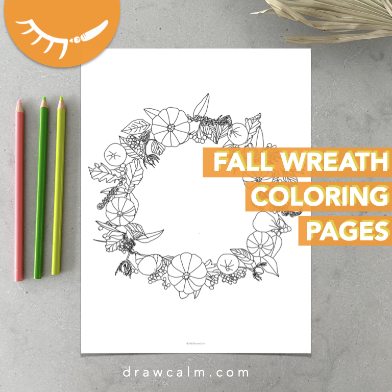 Hand drawn coloring page of a wreath made of mini pumpkins, figs, berries and leaves.