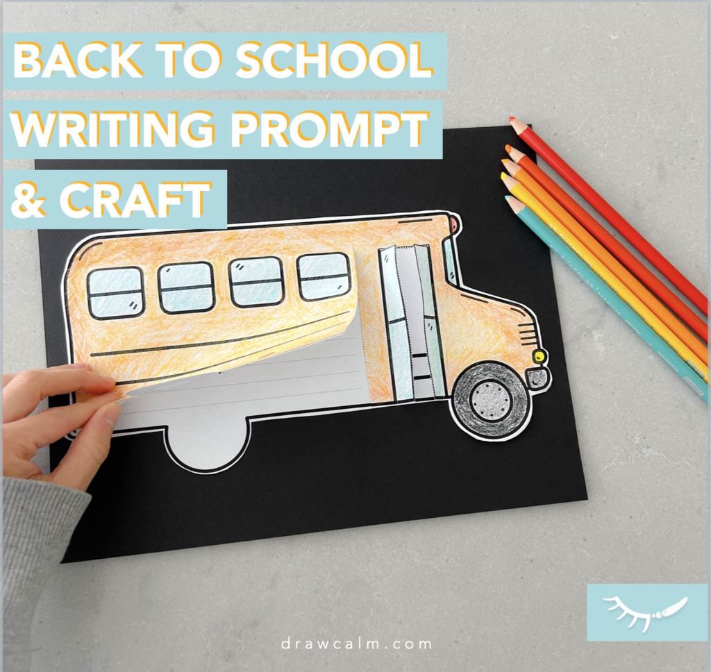 Printable school bus coloring page that lifts up to reveal writing or a drawing. The front of the bus doors open too.