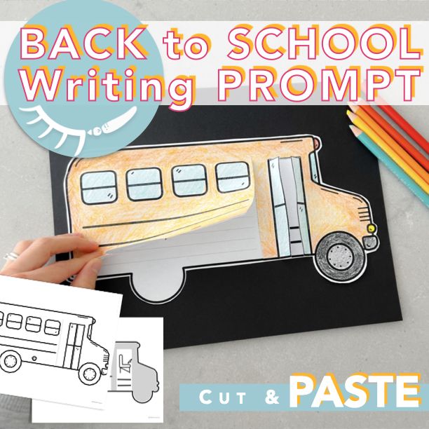 Printable school bus coloring page that lifts to reveal writing paper. The front doors fold open.