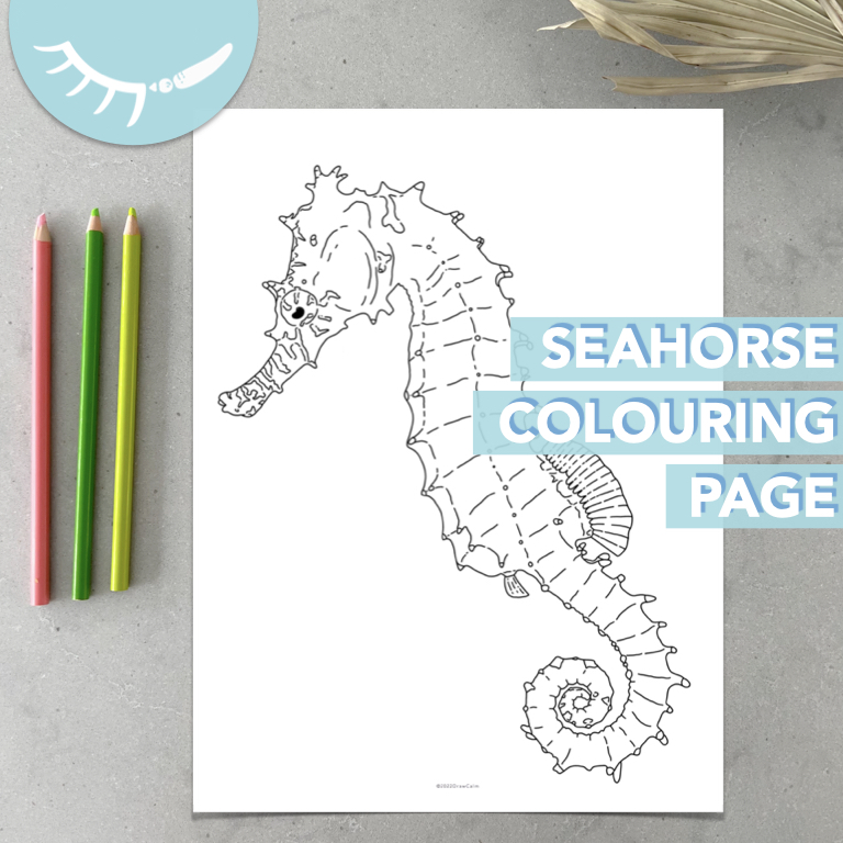 Printable realistic seahorse colouring page.