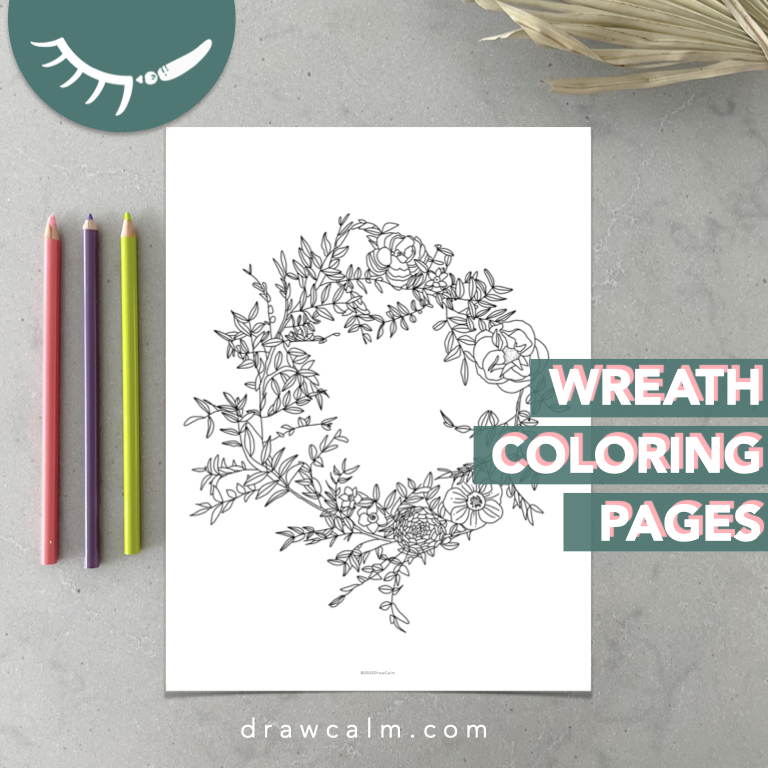 Hand drawn spring wreath coloring page.