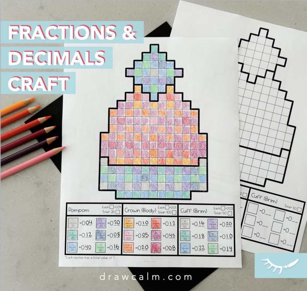 Printable worksheet for changing fractions to decimals. Image is of a toque and students color squares on the toque to create fractions then convert the fractions to decimals.