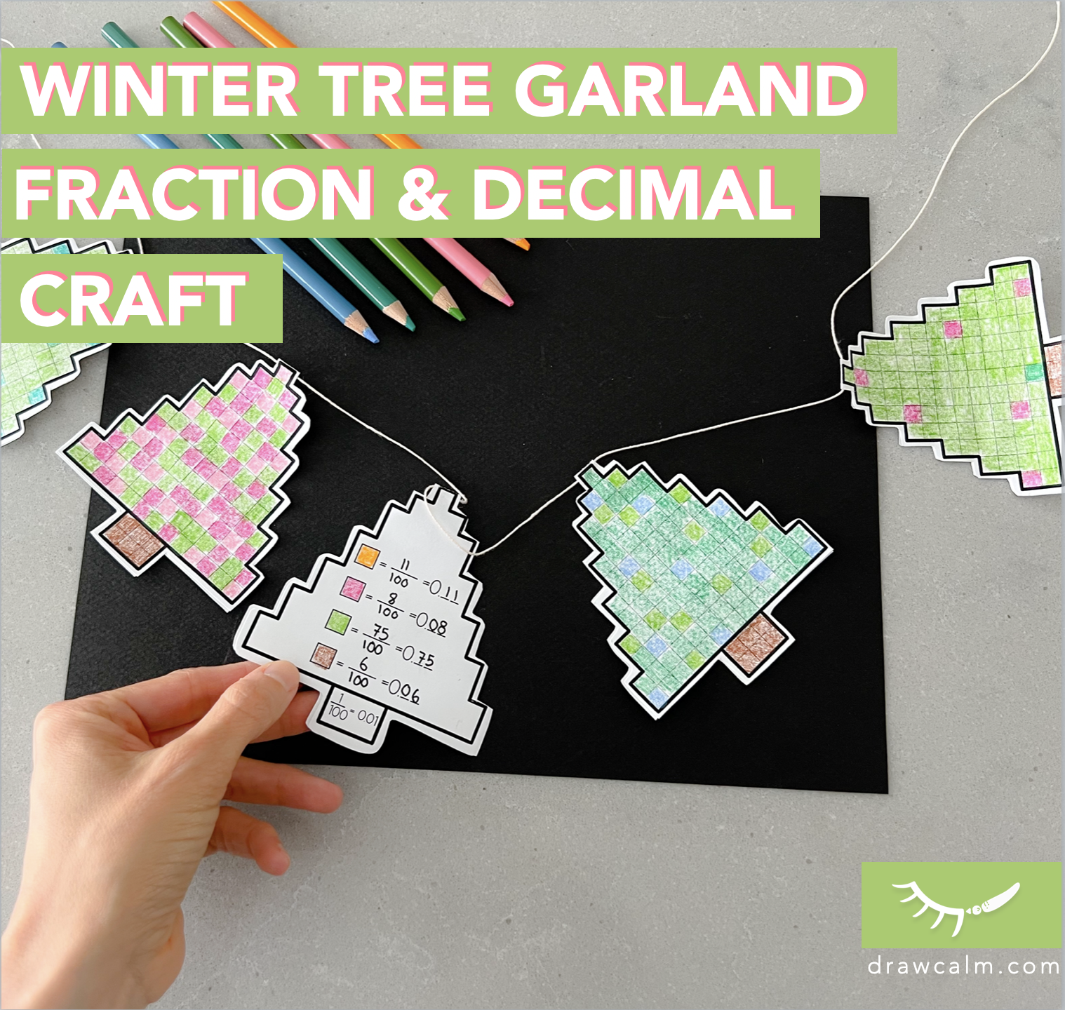 Printable christmas math activity of a paper garland of winter trees divided into 100 squares. The front of the tree is a grid and the back shows fractions and decimal values for each color shown on the front.