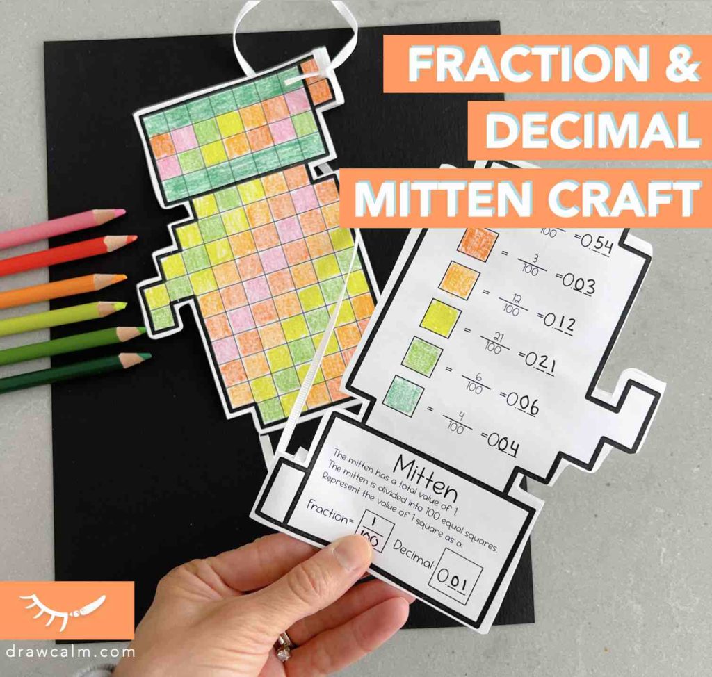 Printable mitten decimals to fractions worksheet. The front shows a grid of 100 or 200 squares for a pattern to be created. The back has a spot to represent values in fractions and decimals.