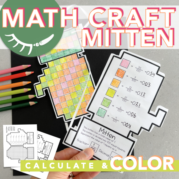 Printable mitten math craft and fractions to decimals worksheet. Many options available to vary difficulty.