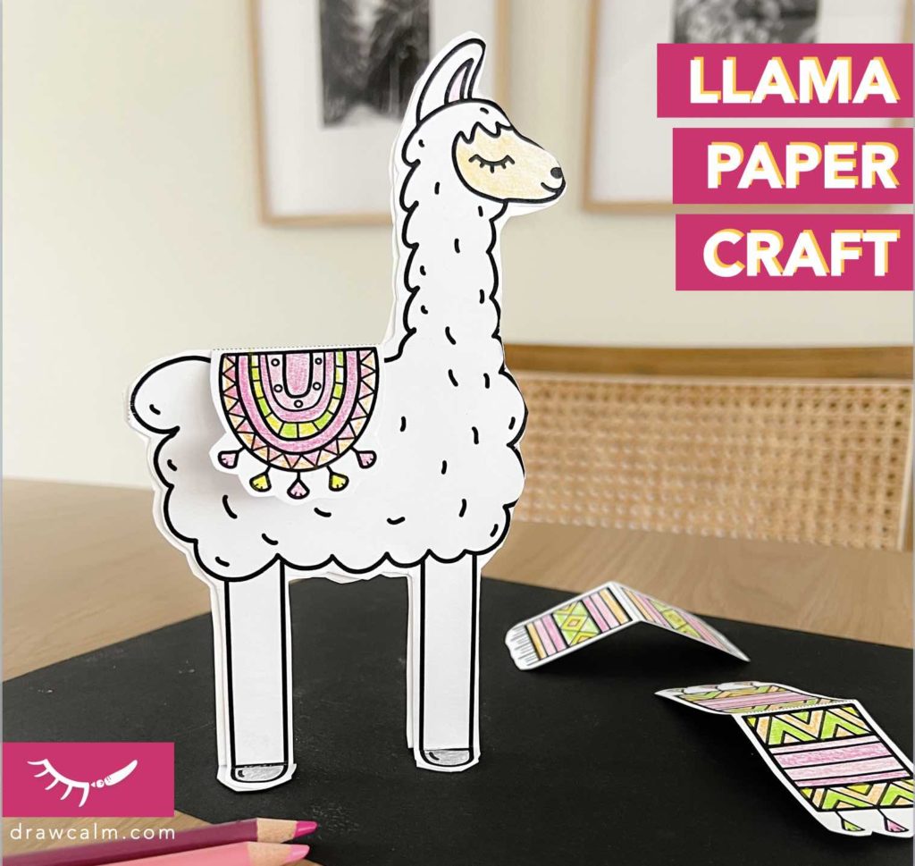 Llama Craft printable that creates a 3D llama wearing a blanket on its back.