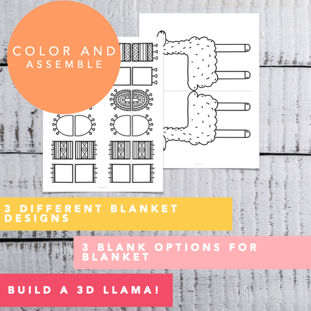 Printable llama craft template showing llama and 6 blanket options.